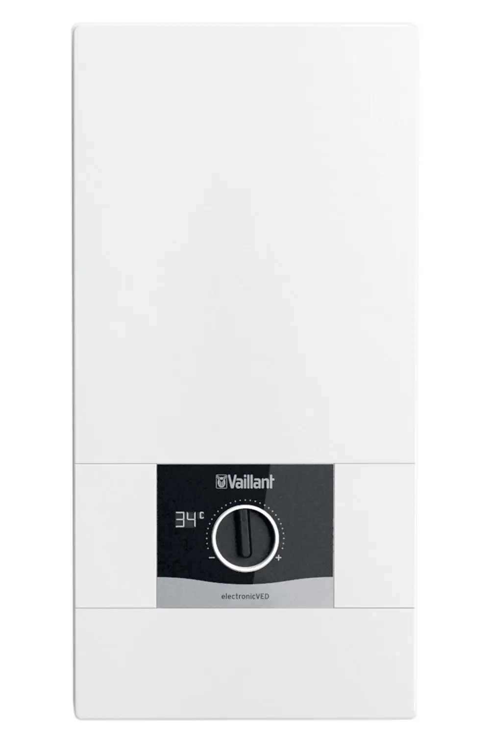 Vaillant Elektro-Durchlauferhitzer in weißer Gehäusefarbe mit einer regelbaren Temperaturanzeige auf der Vorderseite.